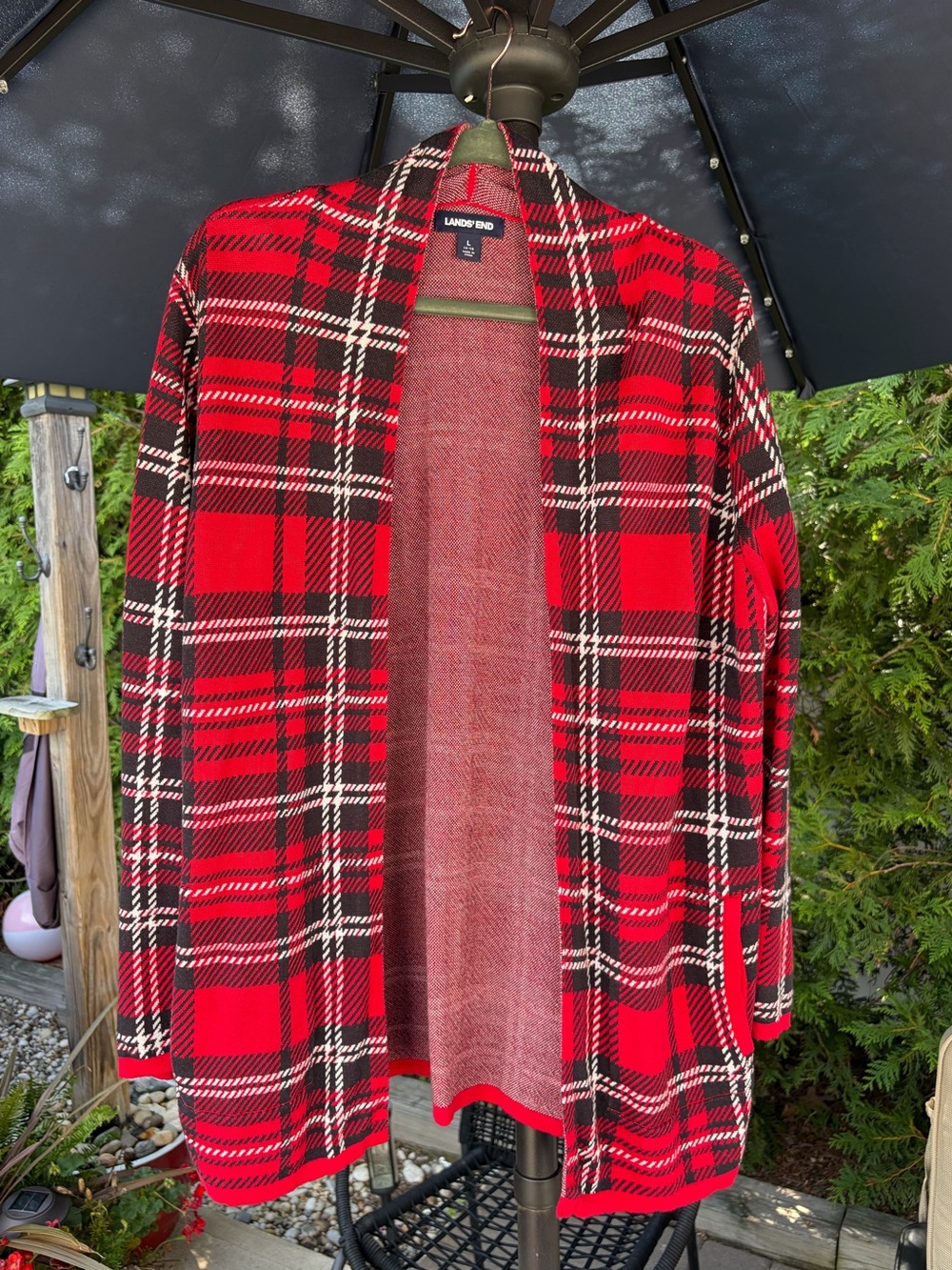 Lands' End Red and Black Plaid Open Knit 100% Cardigan blazer